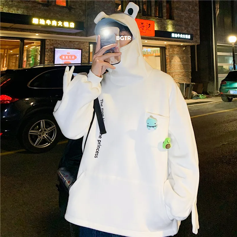 Men Male Boy Winter Autumn Funny Frog Hoodies Velvet High Street Tops Designer Sweatshirts Punk Hip Hop Coat Oversize Jackets