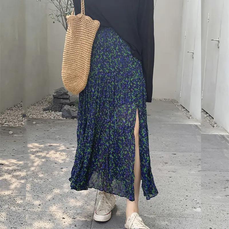 

Новая летняя женская шифоновая юбка с цветочным принтом, тонкая, плиссированная, с разрезом, с высокой талией, А-силуэт, средней длины JJ14