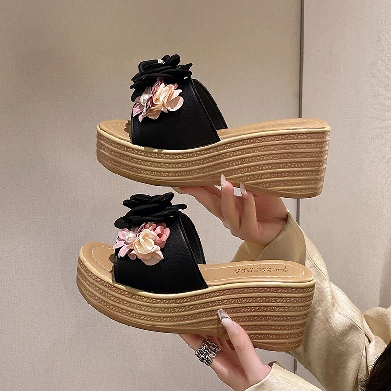 Damen Keilsandalen 2026 Neue Sommer Damen Slip-on Hochhackige Modische Damenschuhe Bequeme Blumen Outdoor Plateau-Sandalen – Detail 3