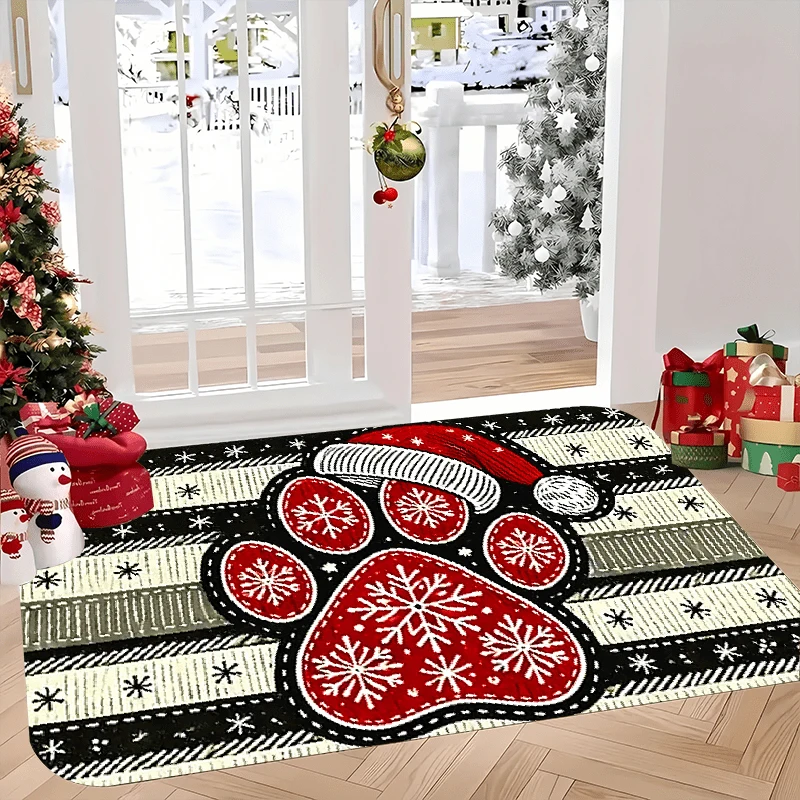 VIKAMA Christmas Pet Paw Doormat Santa Hat Snowflake Plaid Non Slip Absorbent Floor Mat Dog Lover Holiday Front Door Home Decor