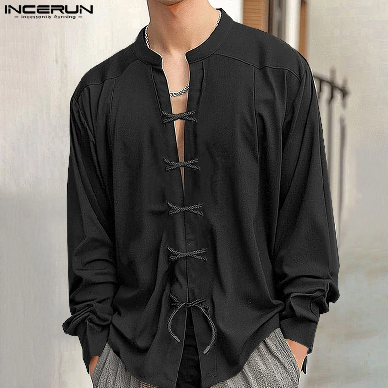 INCERUN Men Shirt Solid Color Stand Collar Long Sleeve Lace Up Casual Men Clothing Streetwear Vintage Leisure Male Shirts S-5XL