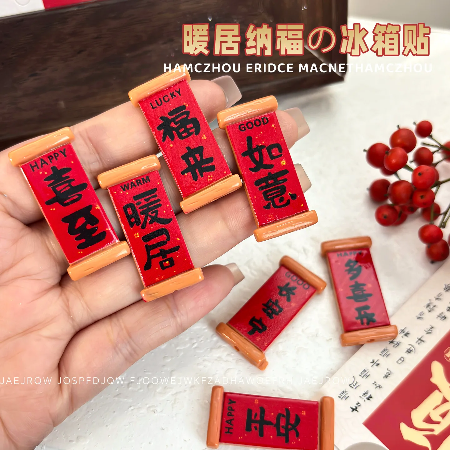Mini Chinese Red Scroll Fridge Magnets Traditional Lucky Words Peace Fortune Resin Magnet For Fridge Cabinet HomeDecoration Gift