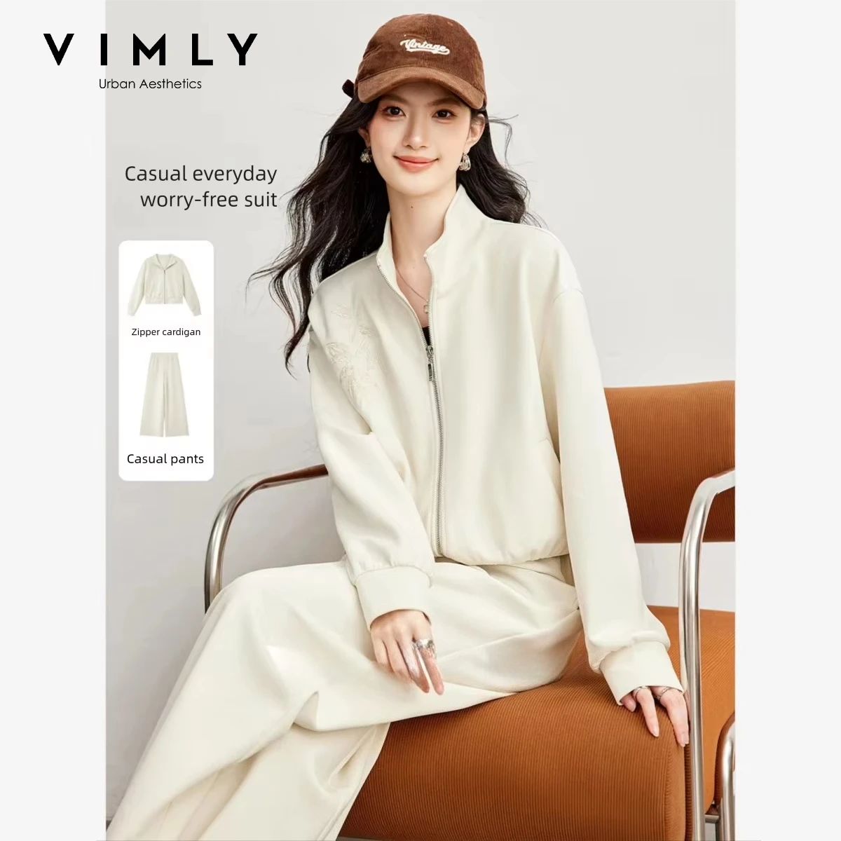 VIMLY Casual Sports Set for Women Embroidered Knit Jacket Long Wide-leg Baggy Pants Two-piece Set 2026 Fall Female Outfit A7330