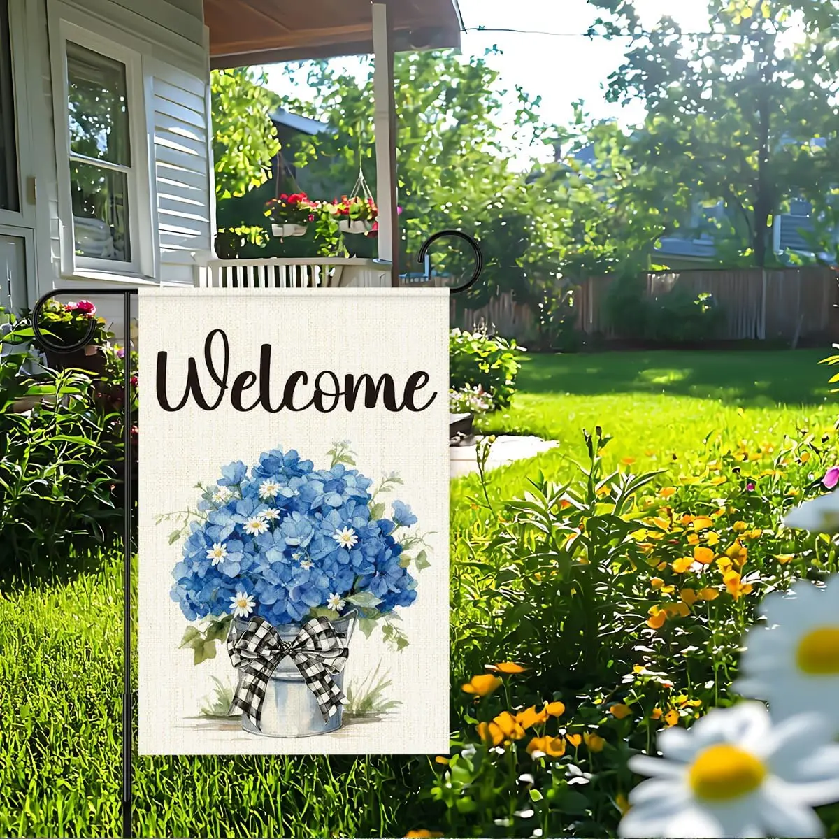 Welcome Spring Garden Flag 12x18 Inch Double Sided, Blue Hydrangea Yard Outdoor Flag, Buffalo Plaid Bowknot Spring Flowers F EEZ