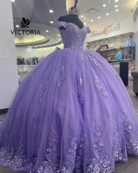 Lilac Lace Applique Off The Shoulder Princess 15 Dress Quinceanera 2024 Sweet Ball Gown Quince Dress Corset Formal Occasion