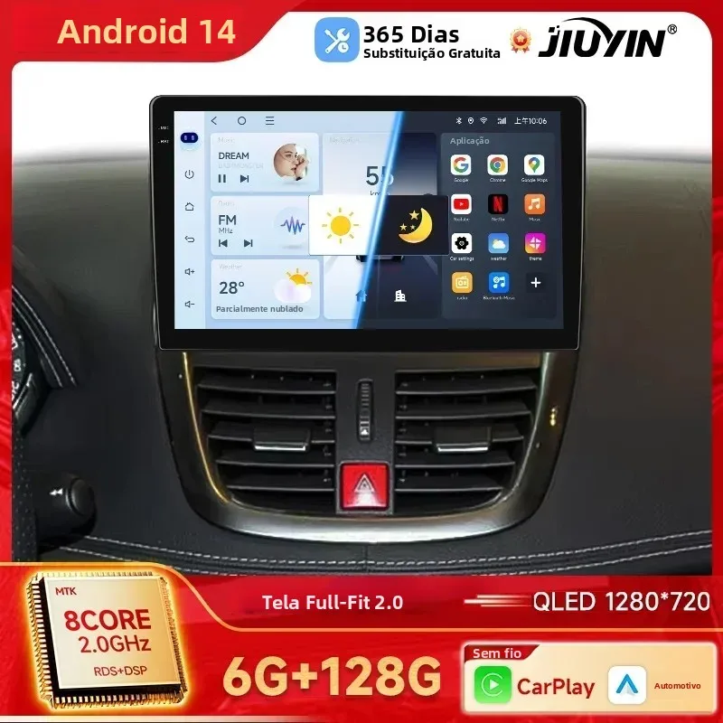 Rádio Automotivo JIUYIN Wireless CarPlay para PEUGEOT 207 207CC 2006-2015, Reprodutor Multimídia Android 13, Auto Estéreo GPS
