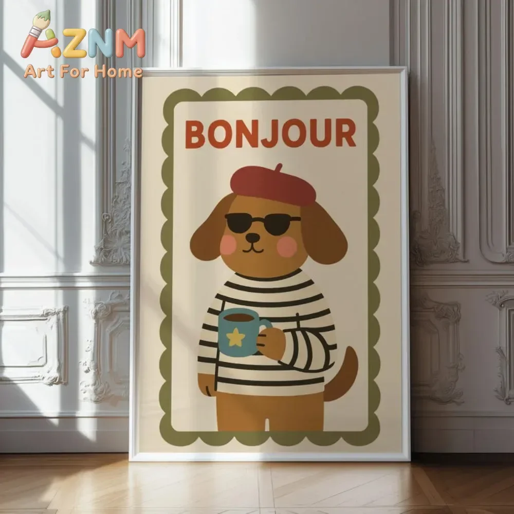 AZNM Bonjour French Style Dog Canvas Wall Art Cute Cartoon Puppy with Beret Sunglasses Coffee Cup Art Print Unframed Canvas Post