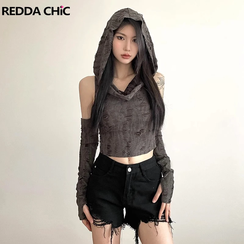 

REDDACHiC Hooded Top Arm Sleeves Women 2-piece Set Destroyed Hole Sleeveless Slim Fit Crop Top Grayu Y2k Harajuku Emo Streetwear