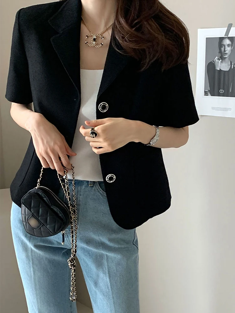 

Korean Fashion Women Black Elegant Short Sleeved Single Breasted Coat Summer White Festival Versatile Tops Simplicity Streetwear