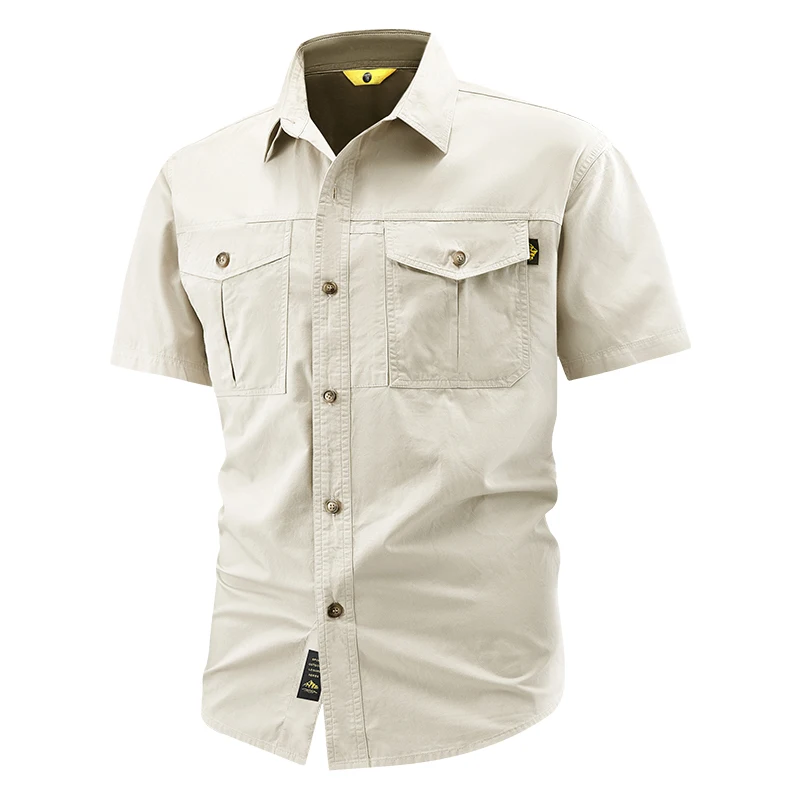 Men Summer Casual Work Shirt Short Sleeve Solid Color Cargo Pocket Turn Down Collar Outdoor Hiking Tactical Male Shirts M-5XL