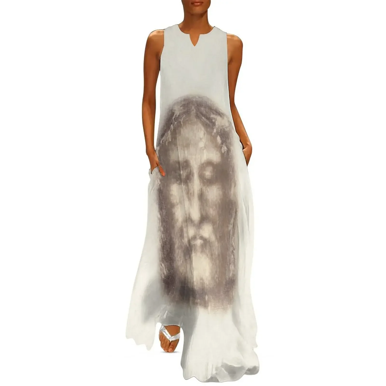 

Shroud of Turin Face of Jesus Christ with Crown of Thorns Beige Vintage Background Painting HD High Quality Long Dress