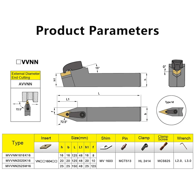 MVVNN1616 MVVNN2020 MVVNN2525 MVVNN3232 External Turning Tool MVVNN Lathe Bar Turning Holder CNC Cutting Tool Cutter Bar