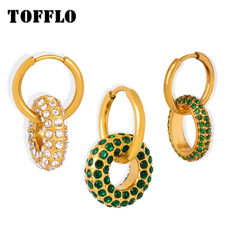 TOFFLO Stainless Steel Jewelry Colorful Zircon Inlaid Ring Pendant Earrings for Women's Fashion Earrings BSF905