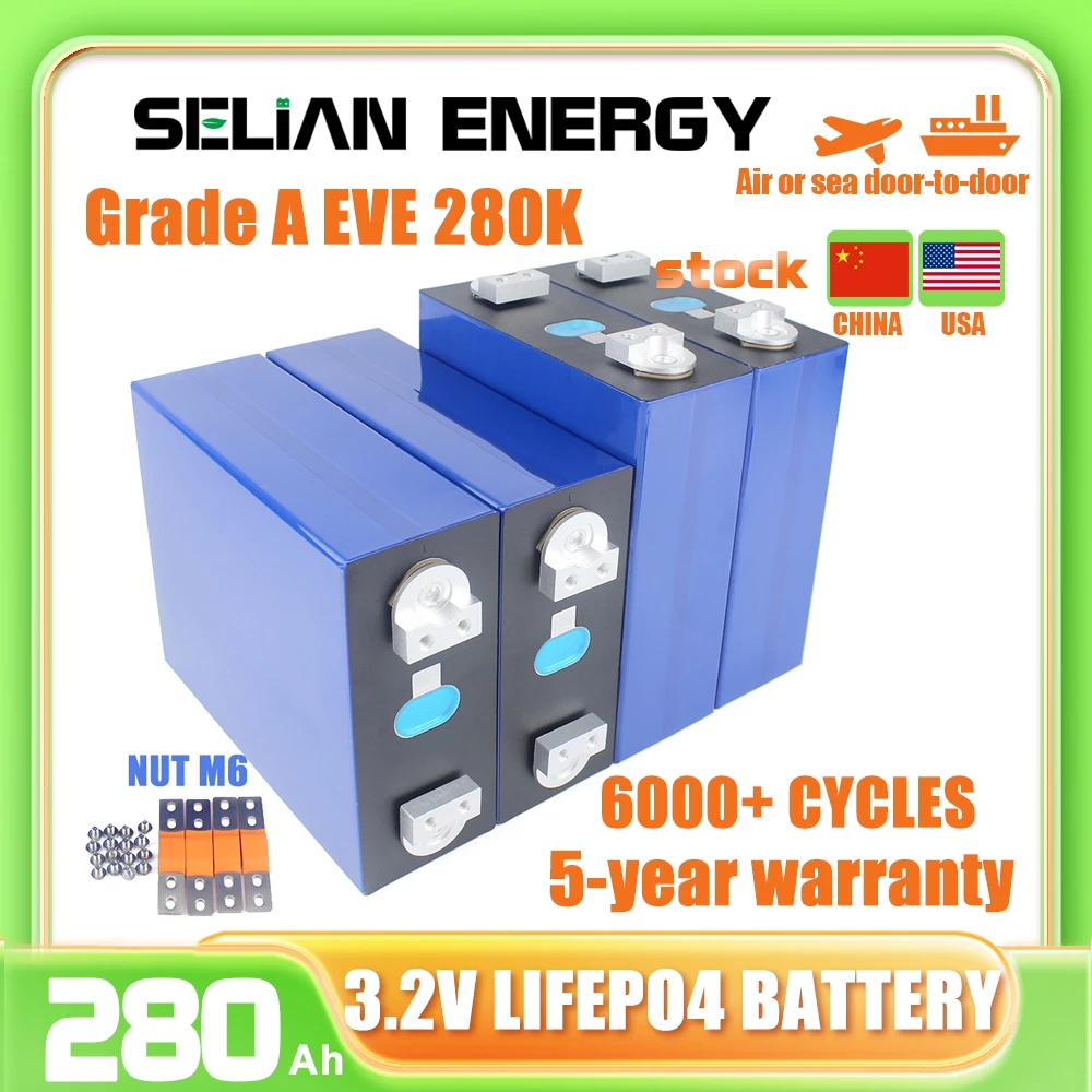 

EU US Stock LiFePO4 3.2V 280K Brand New Grade A Rechargeable Cell 6000+ Cycle For Home Solar RV EV Boats FREE TAX Fast Delivery