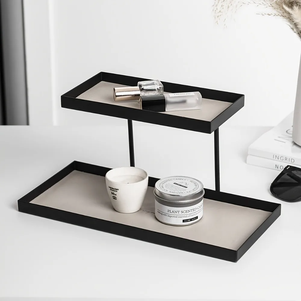 Nordic Style Square Double-layer Shelf Mat Imitation Leather Double-layer Bedroom Bathroom Shelf Rectangular Tray Storage Rack
