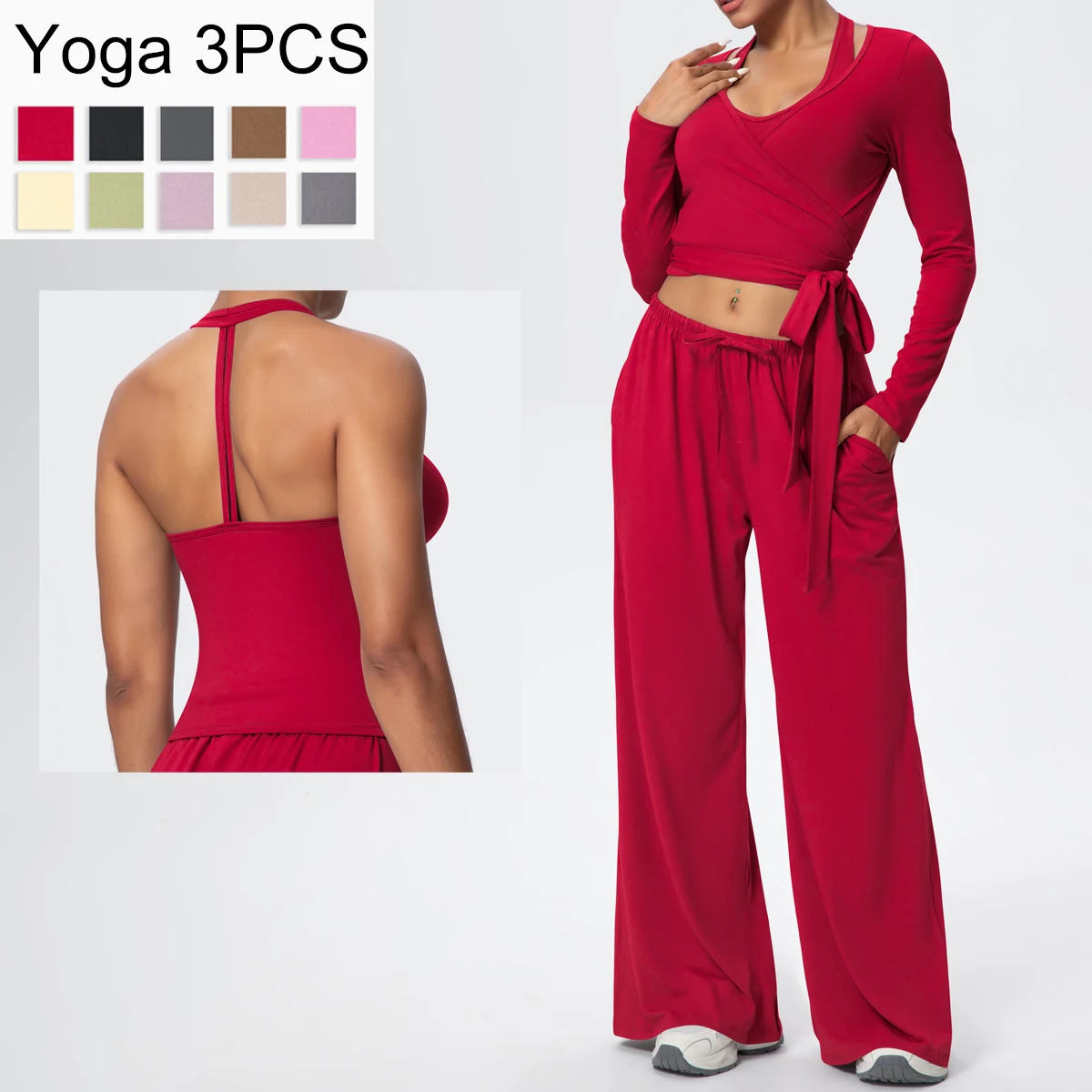 Women Yoga Three Piece Set fitting Solid Color Backless Workout Top Pilates Long Sleeved Quick Drying Pockets Wide Leg Pants