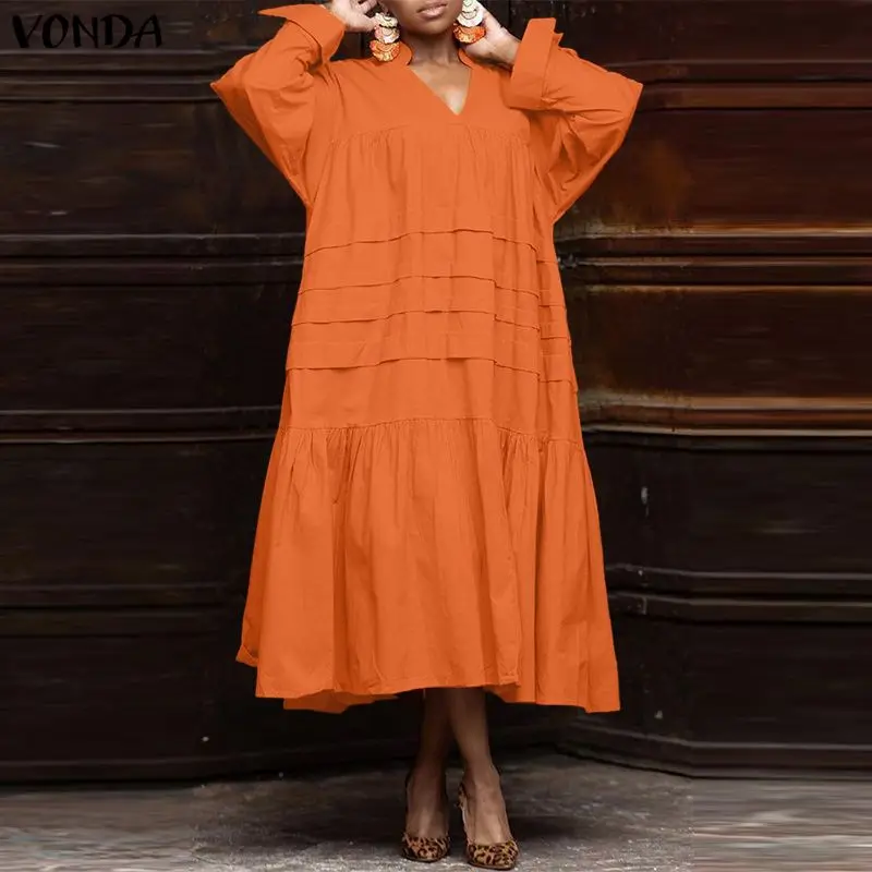 

Женское платье-рубашка VONDA больших размеров, однотонное, длинное, весна-осень 2026, повседневное, с V-образным вырезом, с оборками, миди, свободное, оверсайз, для вечеринок, 5XL
