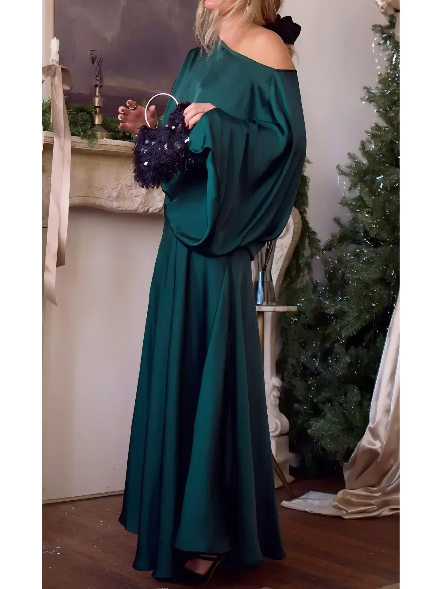 Damen Modisches Atmosphärisches Kleid Frühling Sommer Neuer Stil Rundhals Sieben-Ein-Acht-Ärmel Elegantes Sexy Einfarbiges Seiden-Langkleid – Detail 6