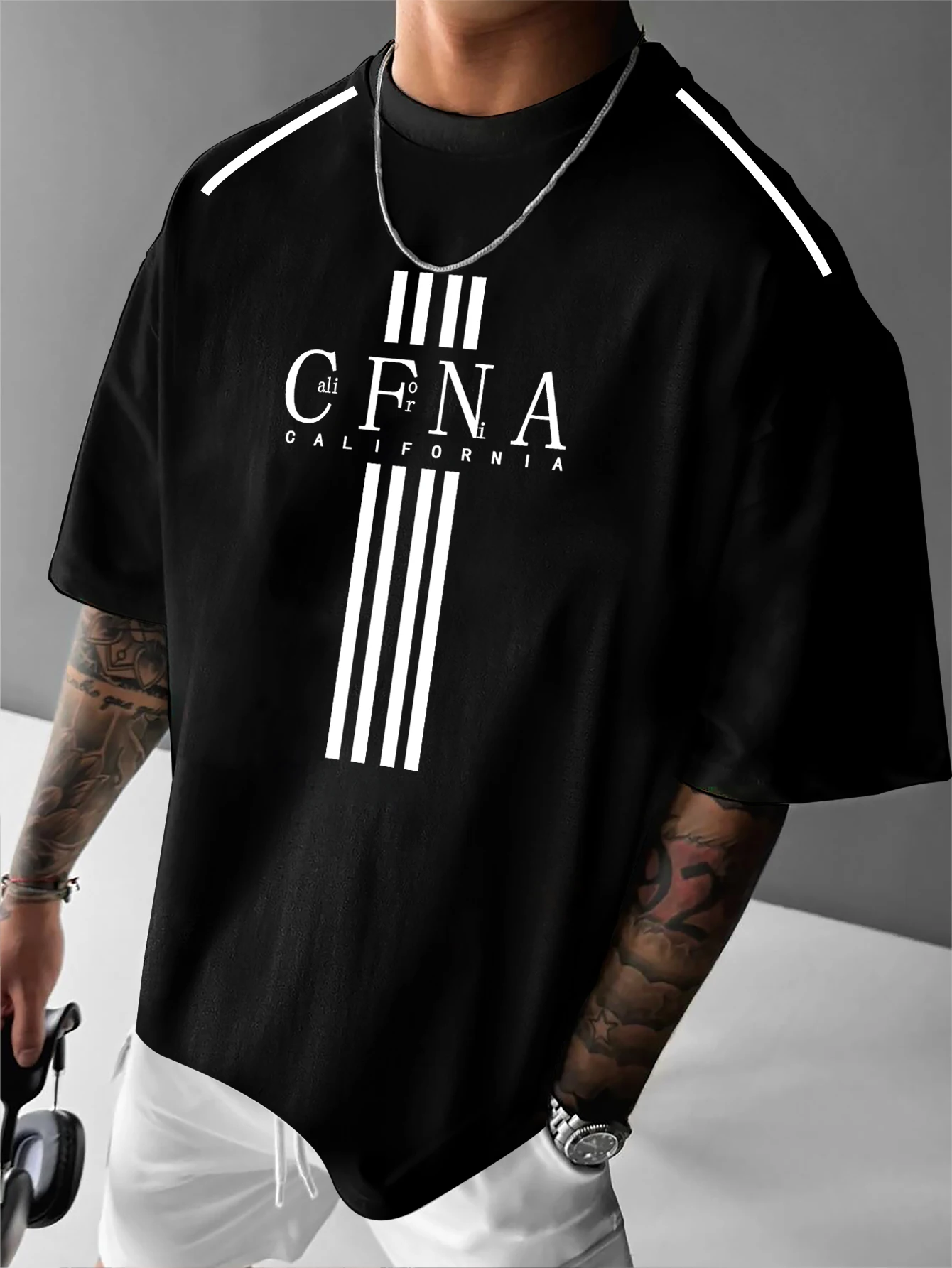 Men's California CFNA Vertical Stripe Print Tee, Shoulder Line Detail Minimal Streetwear, S-XXL