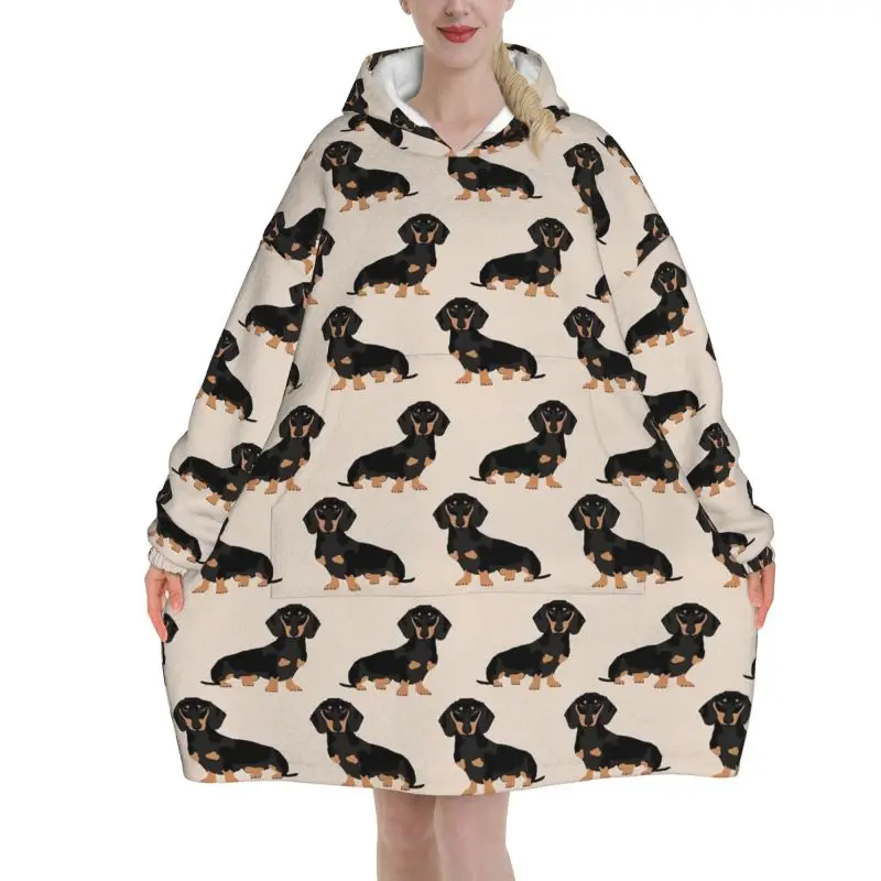 Wiener Dog Blanket Hoodie for Women Girls Oversized Wearable Pullover Sweatshirt Dachshund Warm Fleece Sherpa Hooded Blanket