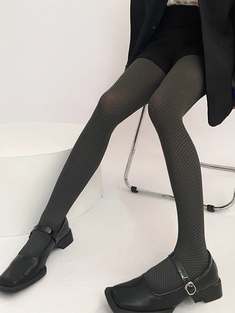 Autumn Interwoven Small Plaid Women\'s Pantyhose Grey Elegant Lolita Hottie Tights Easy Matching OL Commuter Bottomed Hosiery