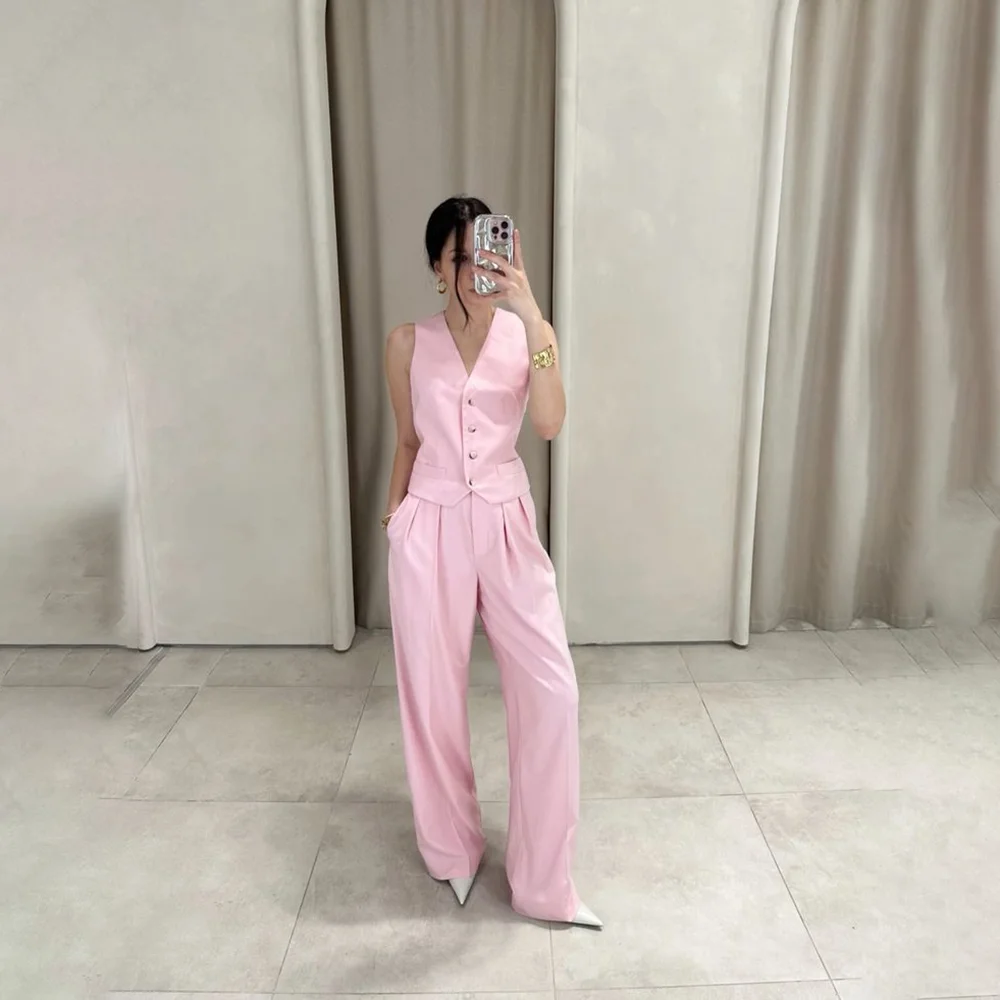 

Fashion Pink Sleeveless Single Breasted Women Ladies Evening Party Tuxedos Smart Casual Work Wear For Wedding