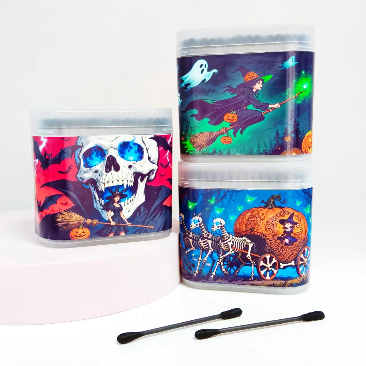 400개/800개 할로윈 마녀 패턴 면봉 블랙 양면 면봉 볼 휴일 선물 면봉