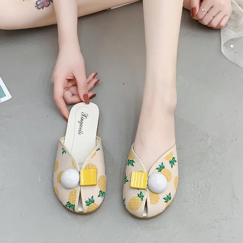 Cover Toe scarpe femminili pantofole basse muli Casual per le donne 2024 mocassini Flower Slides New Luxury Summer Soft Rubber Floral Cotto