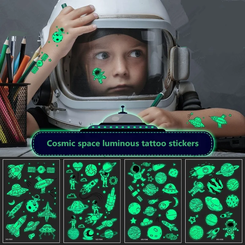 Pegatinas de tatuaje luminosas a prueba de agua, 5 piezas, fiesta para niños, universo, cohete espacial, OVNI, pegatinas temporales interestelar, juguete, regalos