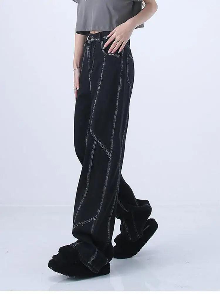 

Black Design Baggy Mom Jeans Woman American Retro Oversized 2023 High Waist High Waist Jeans Straight Trousers Chic Y2k