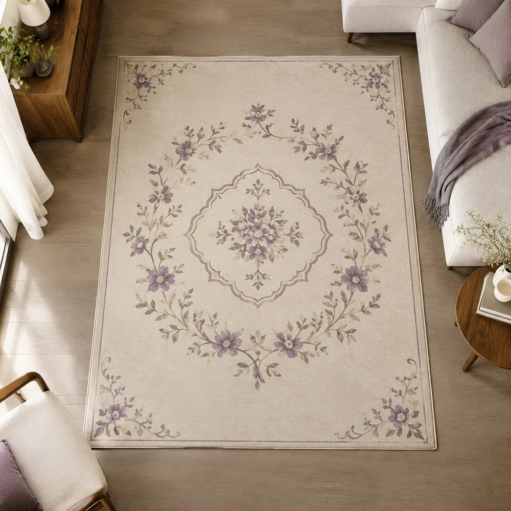 VIKAMA Living Room Rug Beige Moroccan Floral Wreath Machine Washable Bedroom Dining Room Balcony Front Door Modern Home Decor