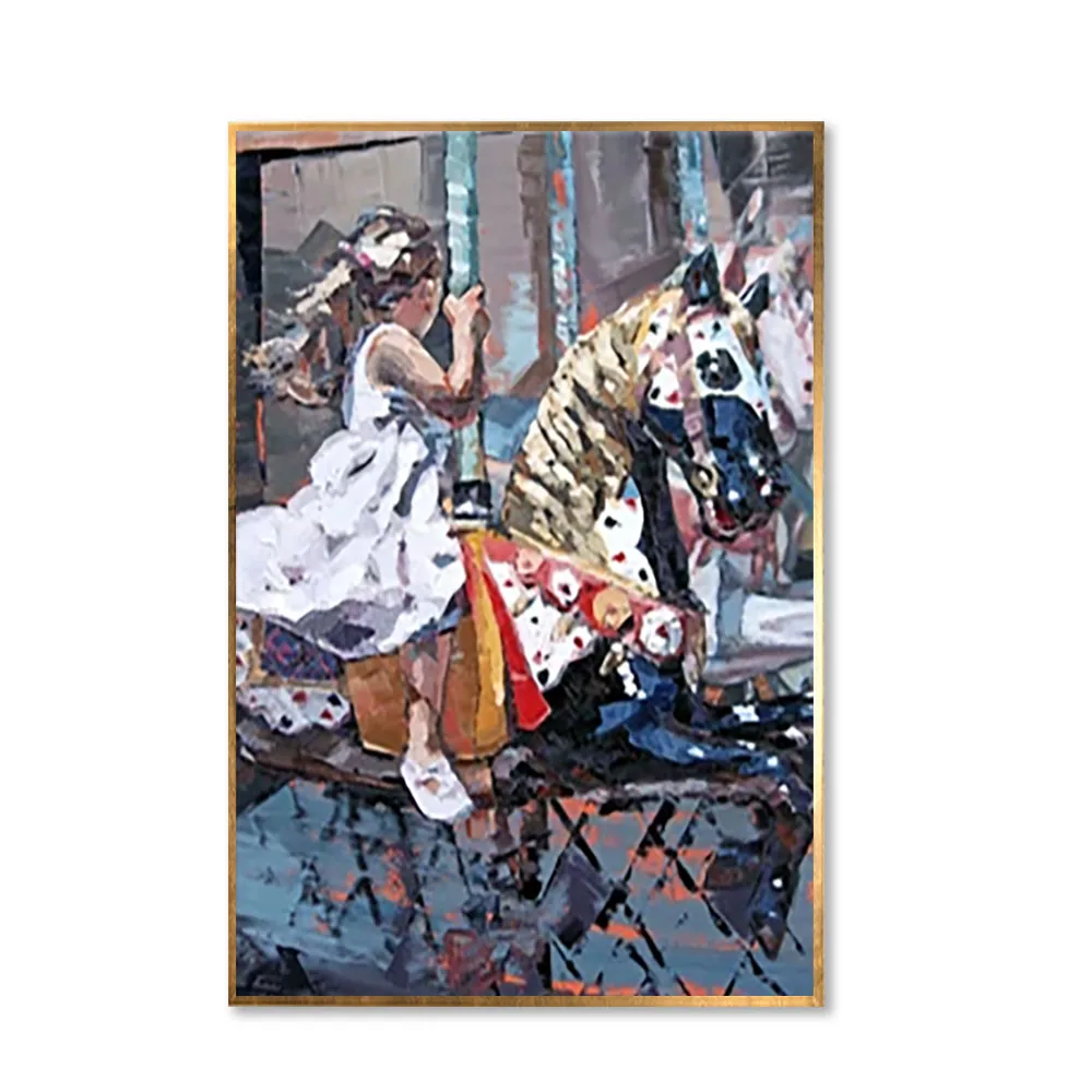 

Skilled Artist Handmade Lovely Little Girl Playing Merry-Go-Round At Amusement Park Oil Painting On Canvas For Wall Decoration