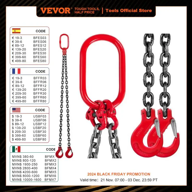 VEVOR 5FT 8800lbs Lifting Chain Sling Double Leg with Grab Hooks G80 Mn-steel Sling Chain for Engine Hoist Heavy Duty Moving