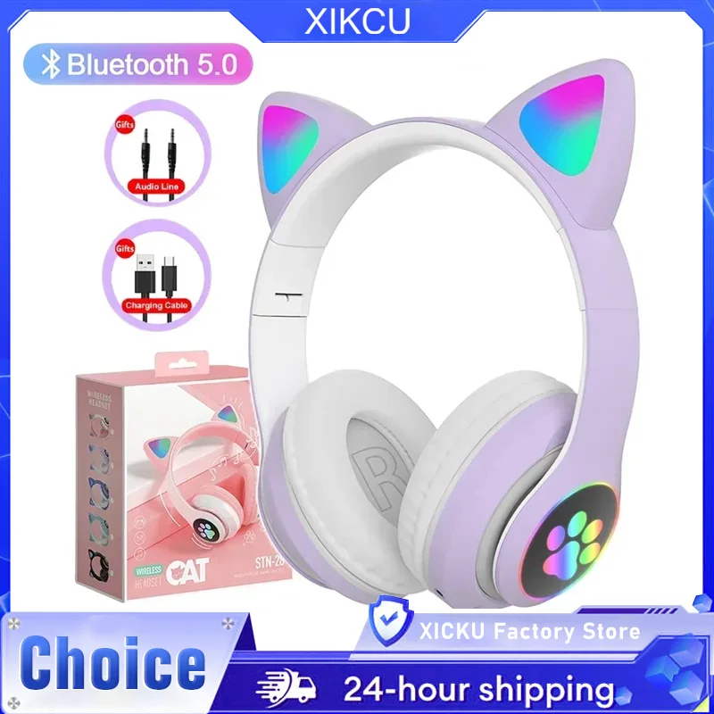 JST-28 Kabellose Kopfhörer mit Katzenohren, Bluetooth-Ohrhörer, Stereo-Musik-Ohrhörer, Bluetooth-Sport-Gaming-Headset mit Mikrofon für Telefone
