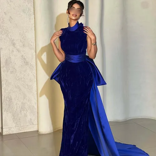 Imagen 1 del producto Vestido saudí personalizado sirena sin mangas hasta el suelo vestidos de noche para mujer cuello redondo vestido de fiesta Formal con tren