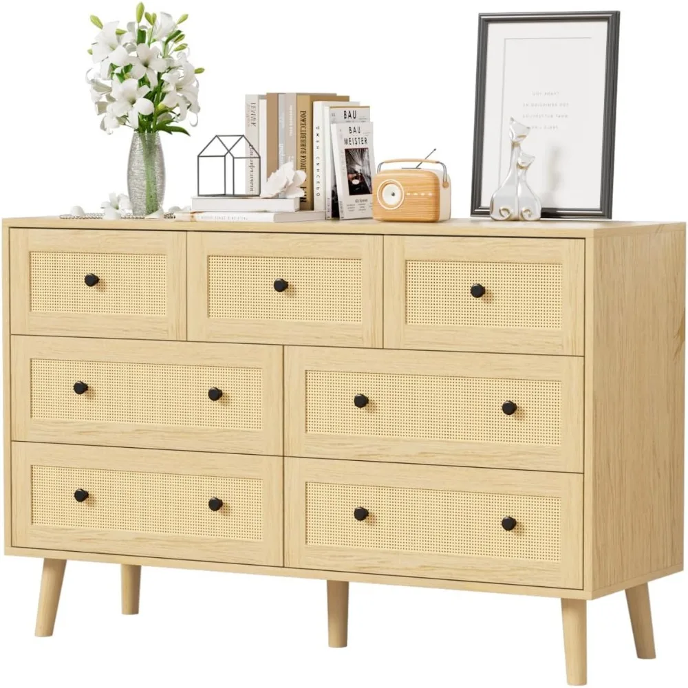 Rattan 7 Drawer Dresser for Bedroom, Boho Dressers & Chest of Drawers with Storage and Metal Handle, Modern Natural Wood