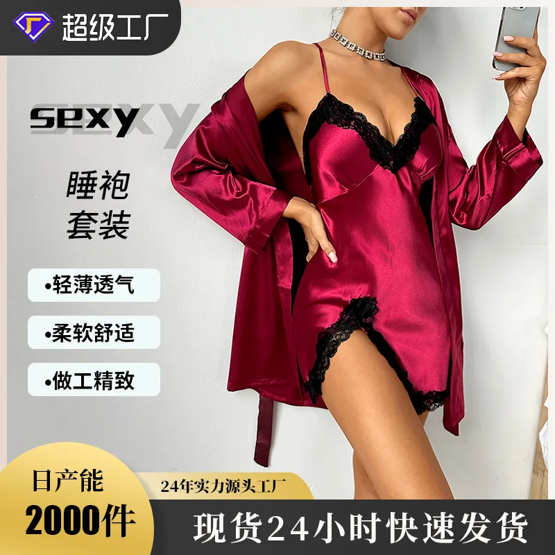 2 Pieces Woman nightgown Sleepwear Pajamas Set With Robe Sexy Lace Lingerie Bathrobe Silk Satin Home Clothed Nightwear Robe