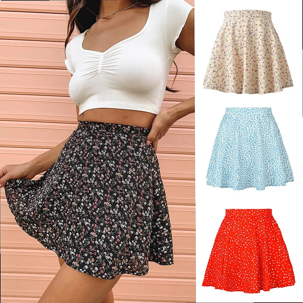 Women Floral Print Skirt High Waist A-Line Skirts Chiffon Pleated Midi Skirts Invisible Zipper Short Skirts
