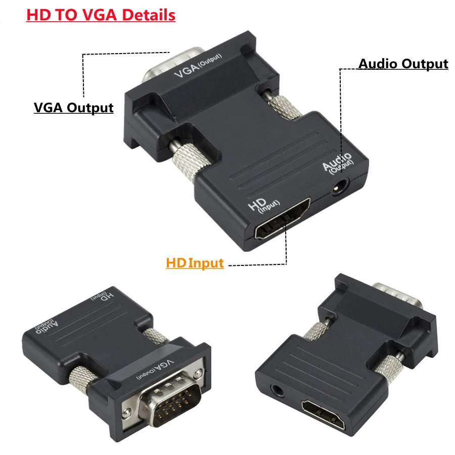 Konwerter HDMI na VGA z kablem audio 3,5 mm do PS4 PC Laptop TV Monitor Projektor 1080P HD żeński na VGA męski Adapter