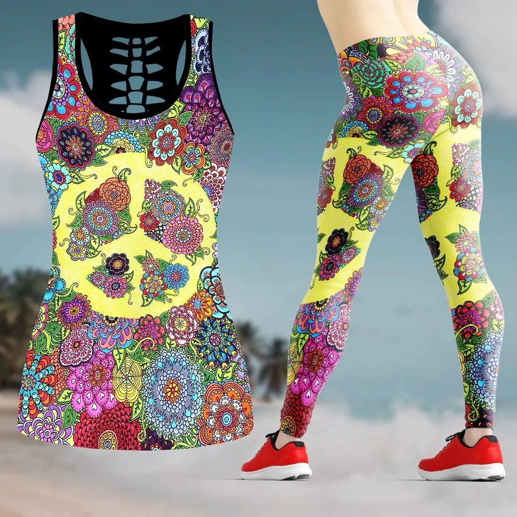 Hippie Flower Child Pattern 3D Printed Hollow Tank Top & Leggings Set Fitness Female Full Length Leggings Yoga Pants YJK04