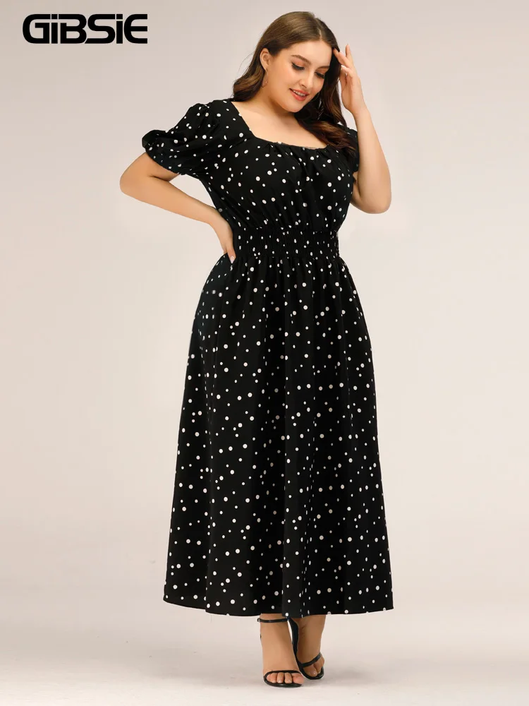 GIBSIE Square Neck Polka Dot Puff Sleeve Dress Women Black Elegant High Waist Dresses 2022 Plus Size A-line Summer Long Dress