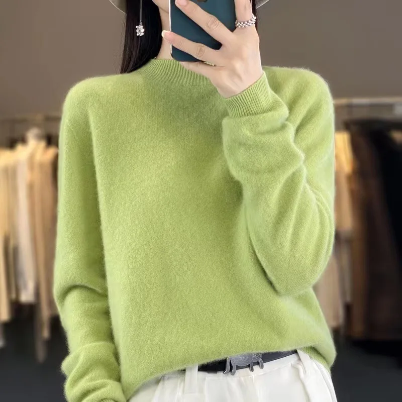 

2025 new style women's sweater, 80% pure wool sweater, skin-touch semi-high neck thin and slim-fitting, versatile base shirt