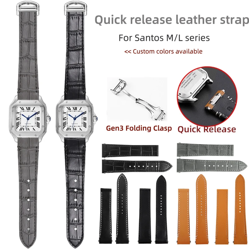 Single Tail Quick Release Leather Watch Strap For Cartier Santos Mens M & L, 19/21mm, Plain Grain / Alligator Grain Calf Band