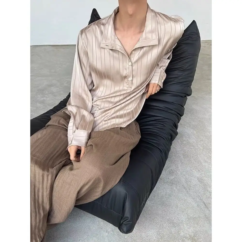 High-end Striped Shirt Men's Early Autumn New Loose-feeling Wear with Long-sleeved Top Casual Semi-cardigan Shirt