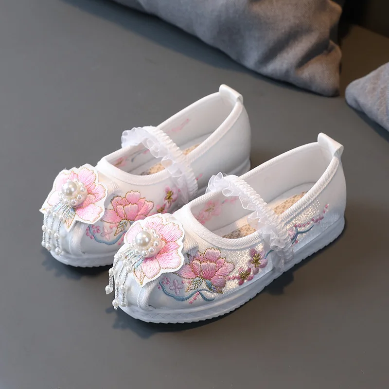 Neonate hanfu scarpe fiori ricamati principessa scarpe per bambini perline nappa danza frangia vintage da 25 a 36 dimensioni