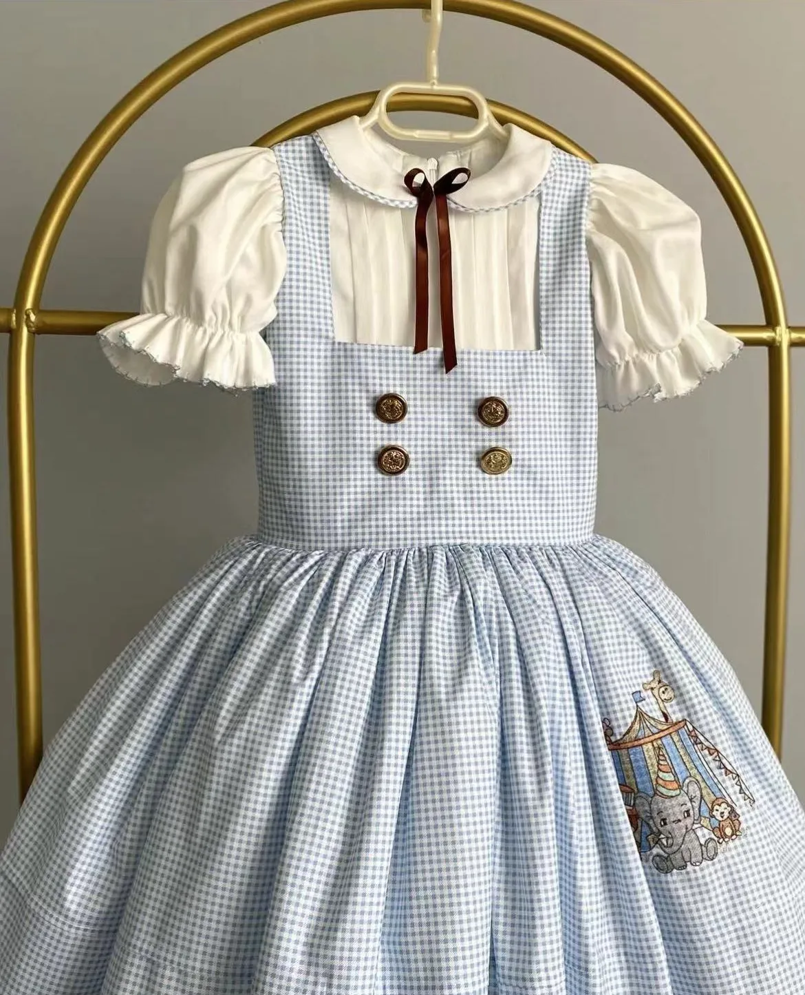 0-12Y Baby Girl Summer Blue Plaid Dumbo Embroidery Turkish Vintage Princess Dress Boy Suit for Birthday Easter Photography Eid