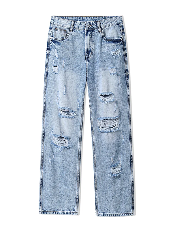 

American High-End Men's Jeans Patchwork Loose Straight Leg Torn Casual Long Pants Spring Autumn Sle Worn out Hipster