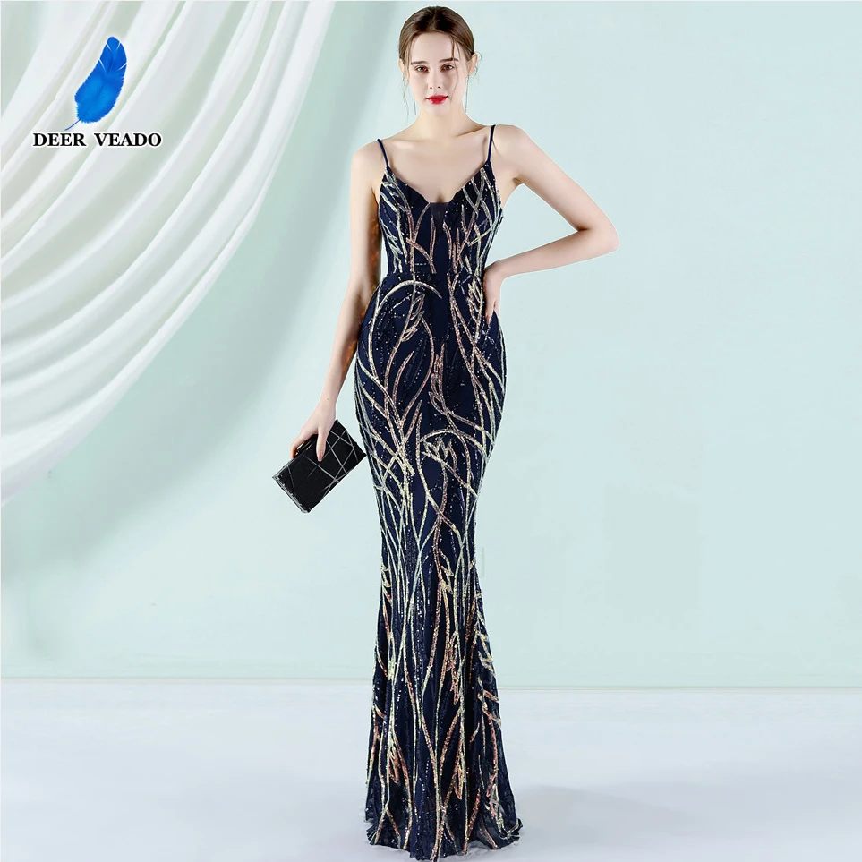 DEERVEADO Sexy Women Strap Dress Evening Party Gown Mermaid V Neck Evening Dress Long Prom Dresses 2022 New