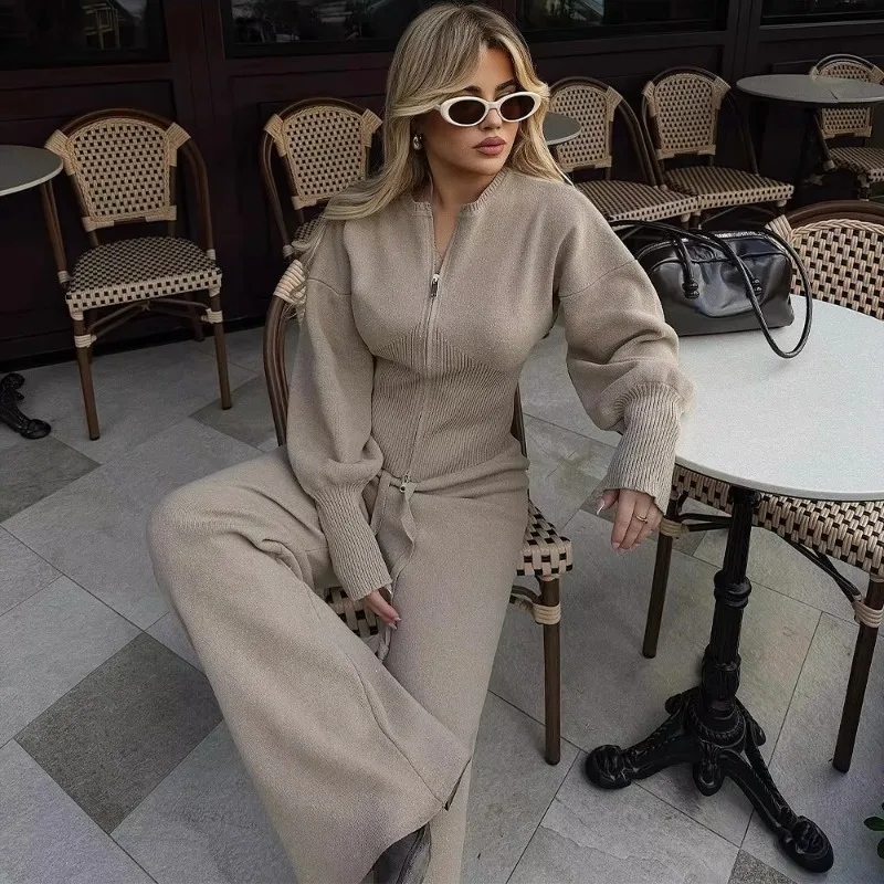 Spring and Autumn New Minimalist Casual Wear Knitted Jumpsuit with Zipper Top High Waist Elastic Waist Straight Leg Pants Set