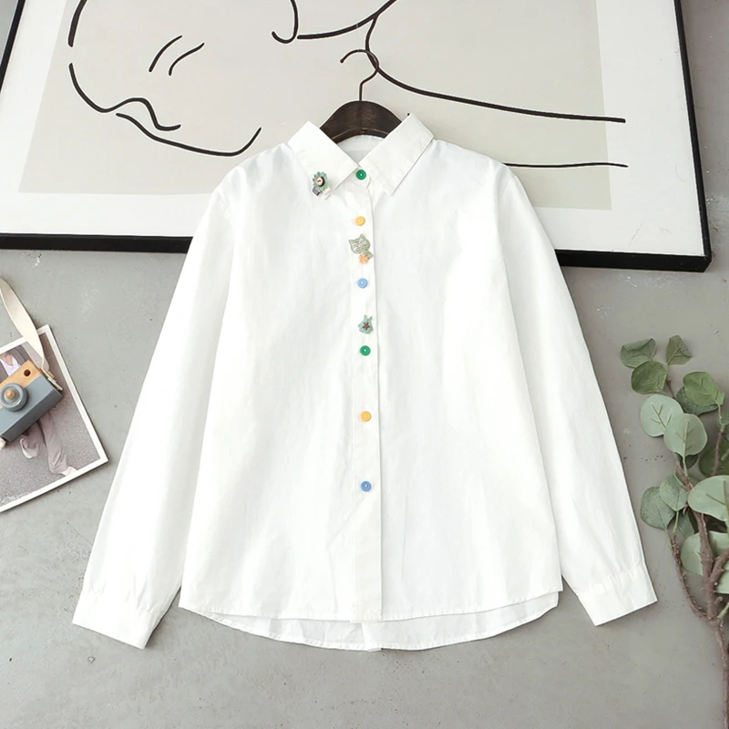 Spring Autumn Women Artistic Embroidery Shirt White Color Colorful Button Long Sleeved Female Cotton Beautiful Blouse Top K112